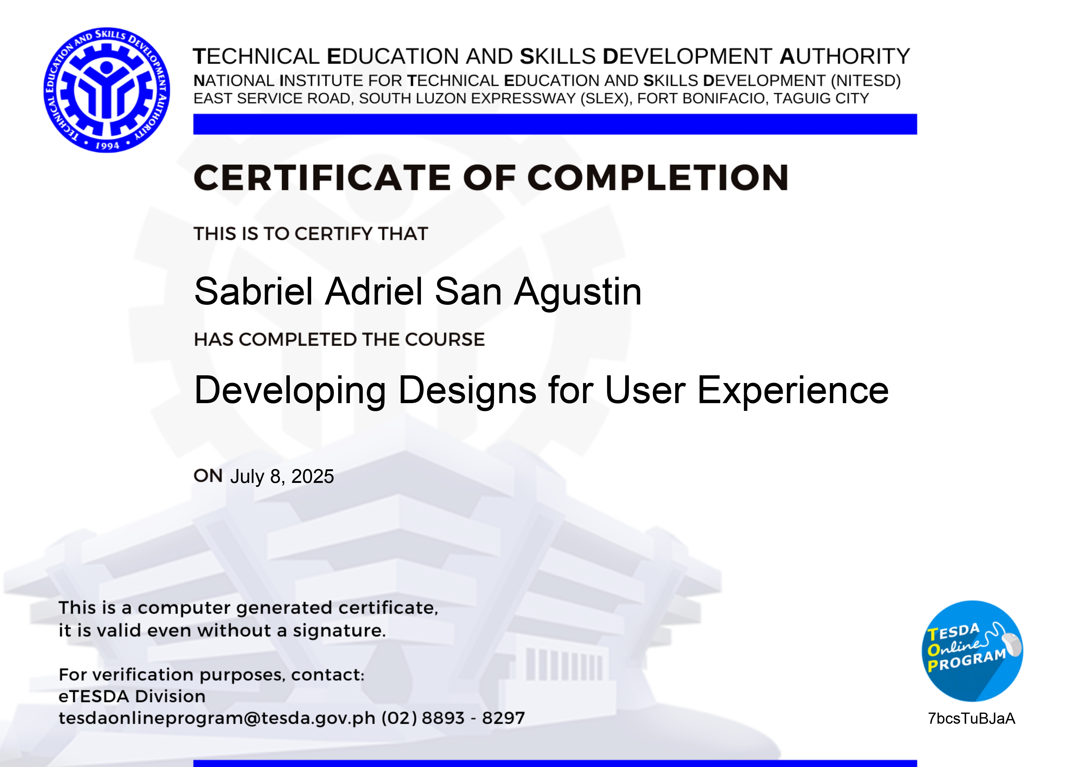 TESDA Developing Designs for User Experience